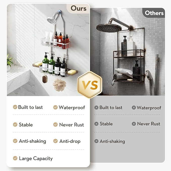 VALORDINE Shower Caddy Hanging, Shower Organizer Hanging, Aluminum Shower Racks for Inside Shower with Hooks for Razor, Never Rust Bathroom Organizers and Storage with Soap Holder, Bright Silver