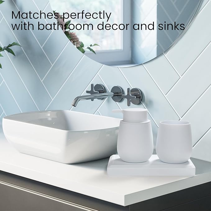 Bathroom Accessories Set, Modern 3 Pcs Bathroom Essentials - Soap Dispenser, Toothbrush Holder & Tray, Countertop Vanity Organizer (White)
