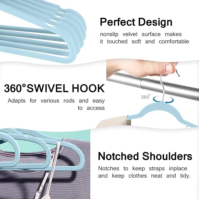 Velvet Clothes Hangers (50 Pack) Heavy Duty Durable Suit Hanger Vibrant Color Hangers Lightweight Space Saving Coat Hangers for Closet -Light Blue