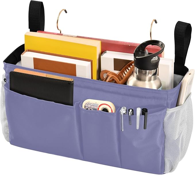 KOPIRIT Purple Bedside Caddy Storage Bag Bedside Organizer for College Dorm Top Bunk Bed Hanging Storage Organizer 6 Pockets with Hooks for Book Glasses Phone Holder