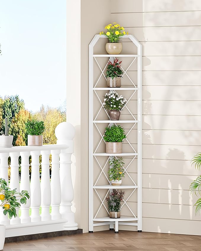 6-Tier Industrial Corner Shelf, 71.2" Corner Storage Stand, Plant Stand Display Shelf, Corner Bookcase for Bedroom, Living Room, Home Office, White TCJ11WB