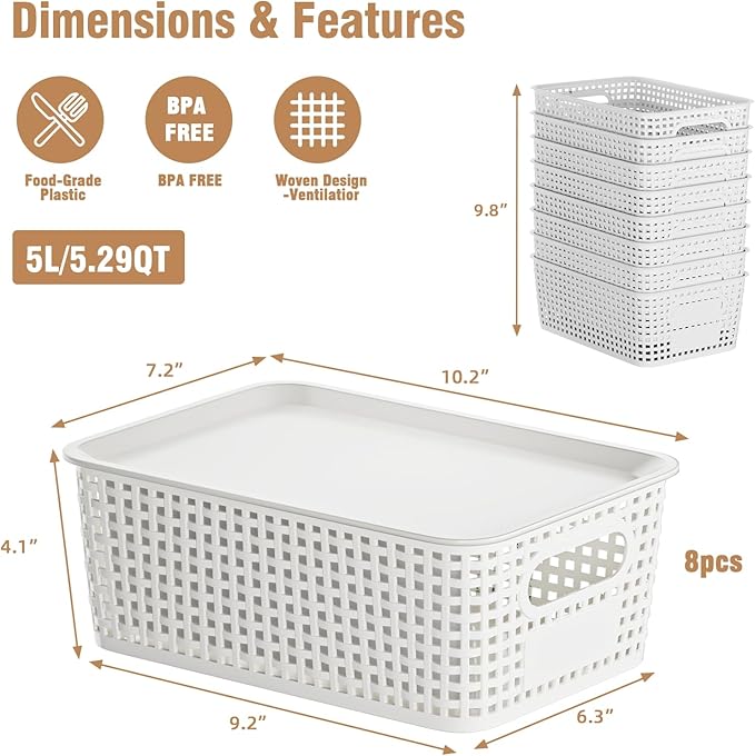 8 PCS Plastic Storage Baskets with Lids, Stackable Storage Bins with Lids & Labels for Organizing, Small Storage Bins for shelves, Office, Drawer, Cabinet & Pantry,Nursery Organization,10.2*7.2*4.1In
