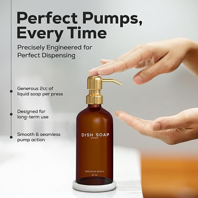 Luxury Glass Dish Soap Dispenser for Kitchen Sink by Brighter Barns - Kitchen Soap Dispenser Set with Pump & Tray - Refillable Glass Bottle for Liquid - Luxury Home Decor for Airbnb, Gift (Amber/Gold)