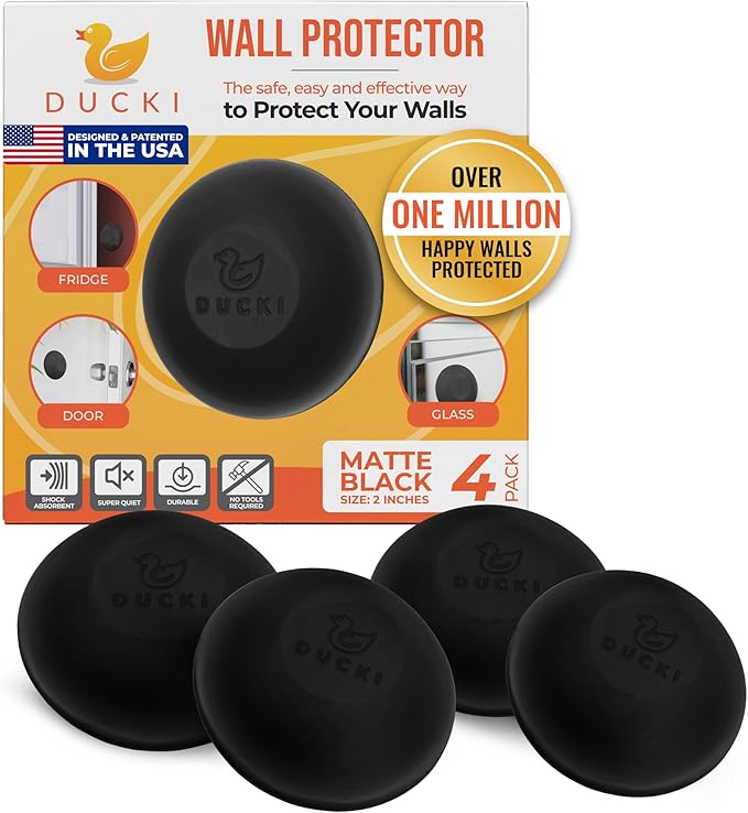 Ducki Wall Protectors - 4 Matte Black- Self Adhesive, Reusable Solution for Stopping Wall Damage & Noise from Doors, Refrigerator & More in Your Home & Office - Durable, Shock Absorbent, Discreet
