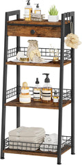 4-Tier Ladder Shelf with Drawer, Bathroom Table Stand for Small Space, Bathroom Standing Shelves with Storage for Living Room Bedroom Kitchen, Organizer Shelf, Rustic Brown