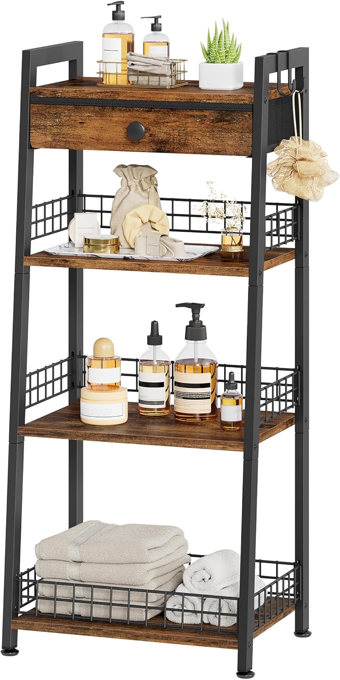 4-Tier Ladder Shelf with Drawer, Bathroom Table Stand for Small Space, Bathroom Standing Shelves with Storage for Living Room Bedroom Kitchen, Organizer Shelf, Rustic Brown