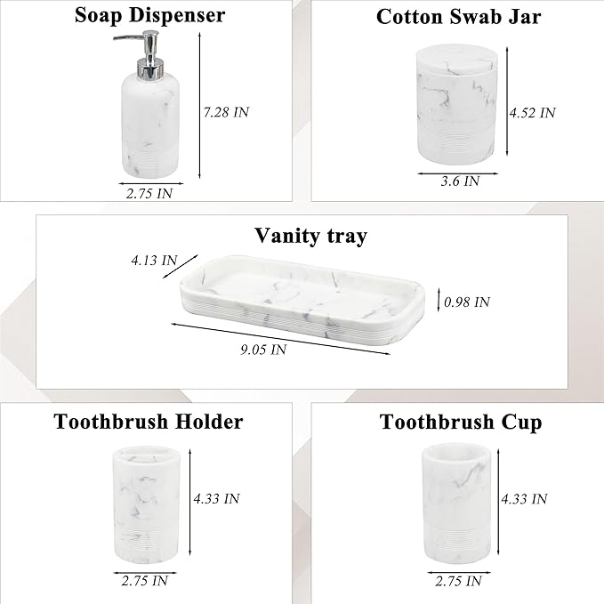 6-Piece Bathroom Accessories Set, Organizer Set with Soap Dispenser, Toothbrush Holder Set, Vanity Tray, Tumbler & 2 Cotton Swab Jars – Modern Stylish Bathroom Storage(Marble White)