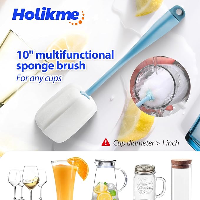 Holikme Bottle Brush Tube Cleaning Lab Set with Long Handle, Cup Cleaner for Washing Narrow Neck Beer Wine Decanter Pipes Lids Sinks Cap Covers, Azul