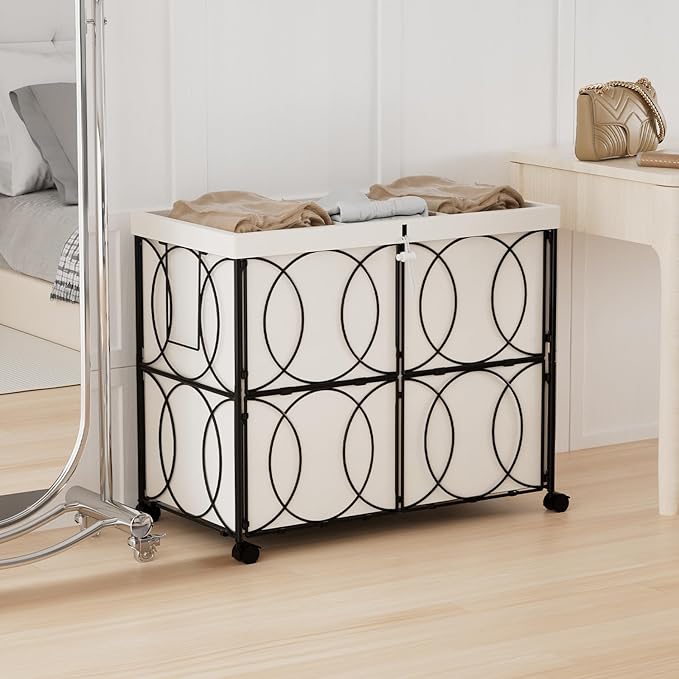 VIPLEO Laundry Hamper with 3 Section, Large 180L Rolling Laundry Basket with Wheels, Metal Heavy Duty Laundry Hamper with Detachable Bags, Dirty Clothes Hamper Organizer for Bedroom, Bathroom(Beige)
