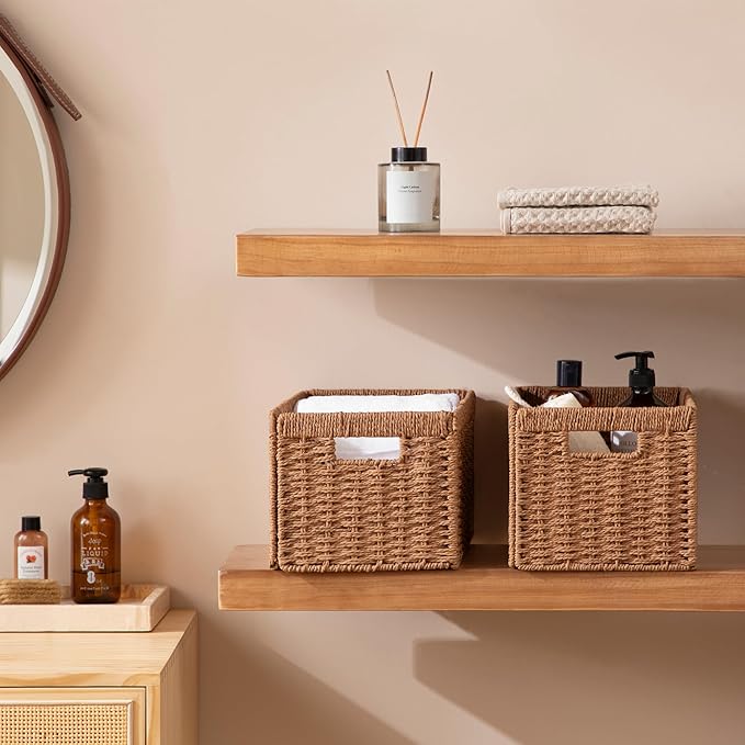 UBBCARE 4 Pack Wicker Basket, 13.4L×8.3H×7.1W inch Woven Paper Rope Storage Baskets for shelves, Foldable Rectangular Storage Baskets with Handle, Storage Basket for Organizing, Caramel