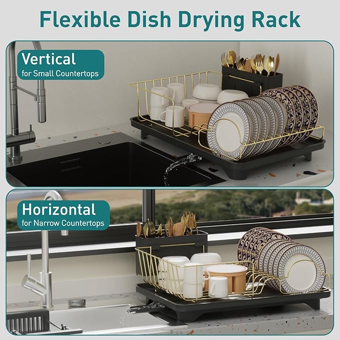 Buruis Dish Drying Rack for Kitchen Countertop, Large Capacity Gold Stainless Steel Dish Drainer with Anti-Slip Rubber Feet, Removable Drain Board and Utensil Holder (Black Tray)