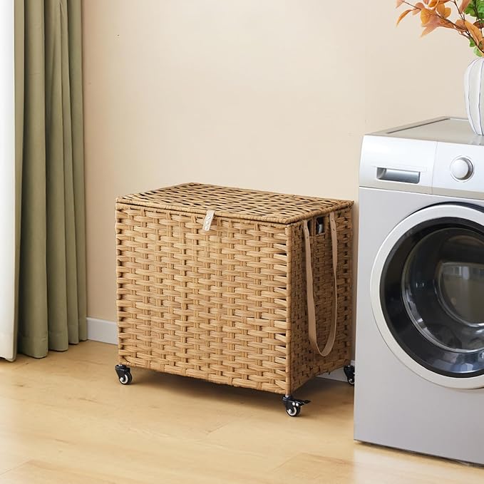Laundry Hamper with Wheels, 34.3 Gallon(130L) Rolling Laundry Basket with Lid, 3-Section Rattan Clothes Hamper with 3 Removable Liner & 3 Mesh Bags, Laundry Sorter with Side Pocket, Natural