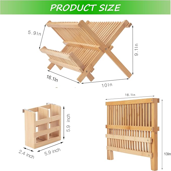 Bamboo Dish Drying Rack-2 Tier, Collapsible Small Dish Rack with Utensil Holder, Wooden Drying Rack for Kitchen Counter, Apartment Essentials Kitchen Plate Holder Organization 34 pcs Grid