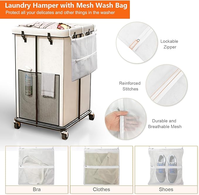 160L Laundry Basket with Wheels, Rolling Laundry Hamper with Removable Bag and Metal Frame for Dirty Clothes - Bedroom/Laundry Room/Bathroom Applicable （Large & Tall）