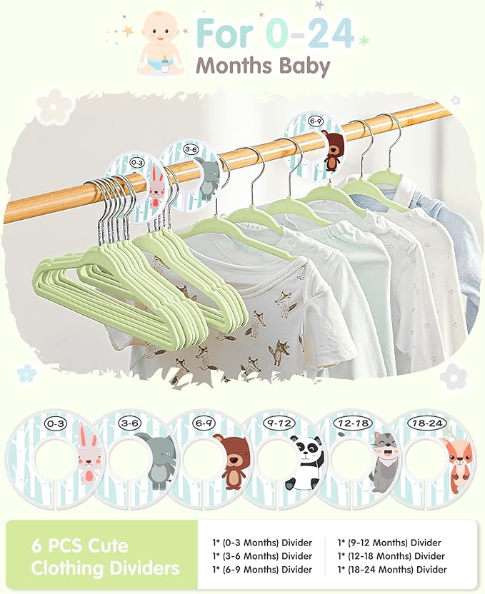 VIS'V Baby Hangers, 11 Inch Velvet Kids Hangers with 6 Pcs Clothes Size Dividers, Infant Toddler Nursery Closet Organization, Non Slip, Lime Green, 50 Pcs