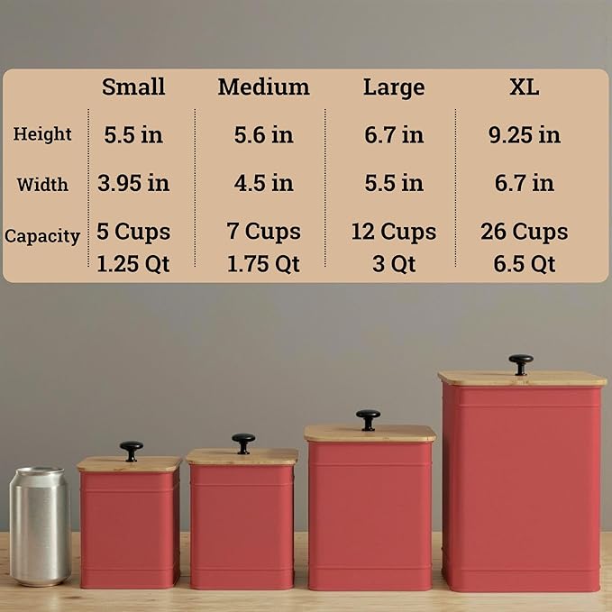 Kitchen Canisters for Countertop Set of 4 with Customizable Chalkboard Labels & Marker Pen - Big Iron Kitchen Canister Set with Airtight Lids - Red Canisters - Sugar Tea Coffee Containers Sets