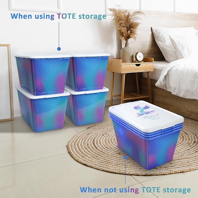 Storage Organizer Bins with Lids - 4PC 58QT Heavy-Duty Container Boxes Stackable and Nestable Storage Bins Plastic Large Storage Totes Rainbow Mermaid Bins for Home, Office, and Garage
