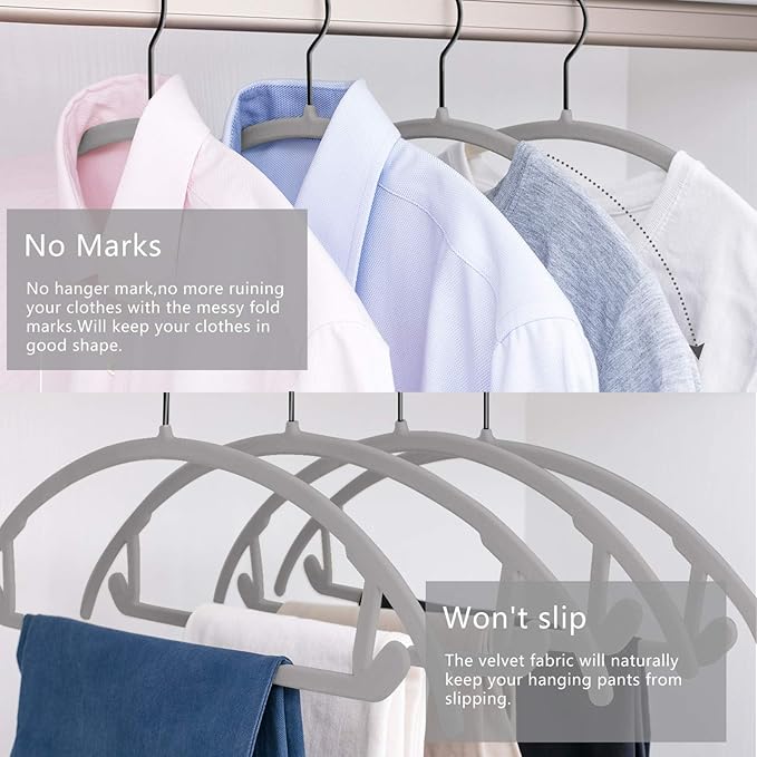 MIZGI Premium Velvet Hangers 50 Pack Heavyduty- Non Slip No Shoulder Bump Suit Hanger - Black Hooks,Space Saving Clothes Rounded Shape for Coat,Sweater,Jackets,Pants