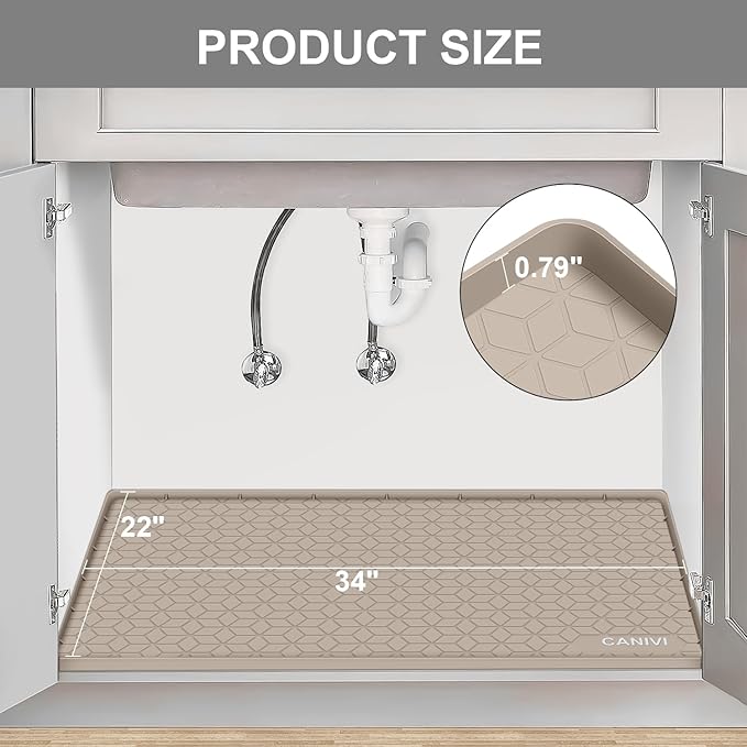 Under Sink Mat, 34" x 22" Waterproof Silicone Under Sink Tray for Kitchen & Laundry Cabinets, Kitchen Cabinet Shelf Protector, Up to 3.3 Gallons Liquid, Fits 36 inch Standard Cabinet(Grey)