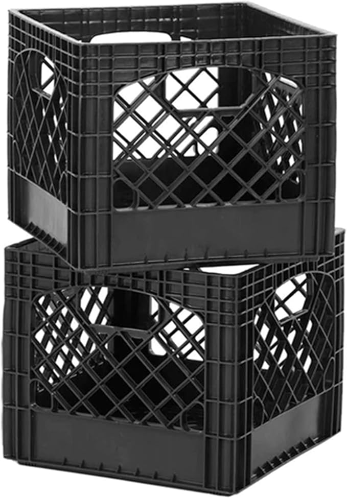 Juggernaut 16 Quart Storage Crate, Milk Crate Plastic Basket w/ 4 Handles, Organizer Bins for Office Storage & Classroom Organization, 4-Pack, Black