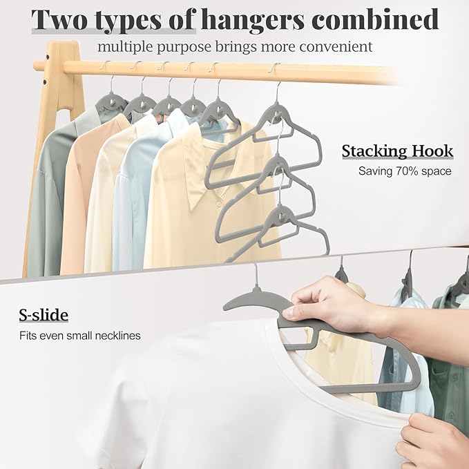 Velvet Hangers 50 Pack, S-Shaped and Stackable Non Slip with 360°Swivel Hook, Ultra Thin and Space Saving Flocked, for Suits, Shirts, Coats, 15Lbs Capacity Heavy Duty, Grey