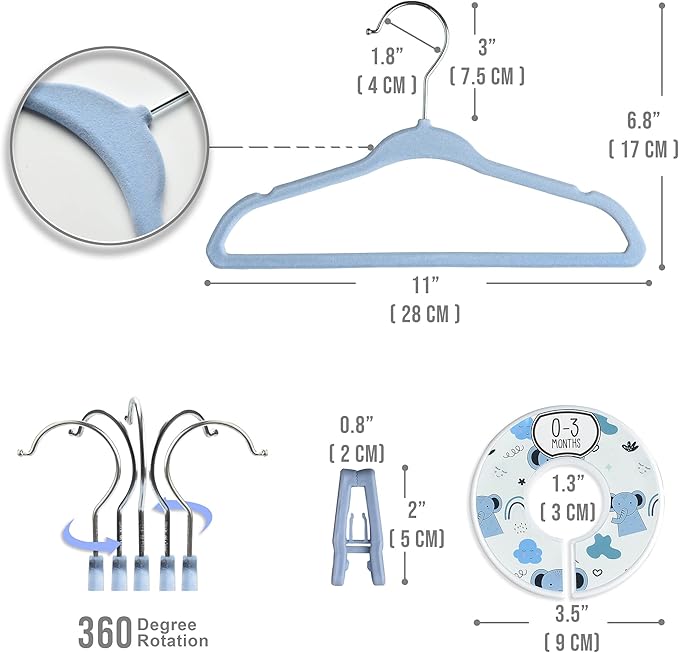Velvet Baby Hangers with 10x Clips and 8X Dividers (30 Pack) | 11” Ultra-Slim Baby Clothes Hangers | Non-Slip Felt | Space-Saving Nursery & Infant Closet Organizer | Blue