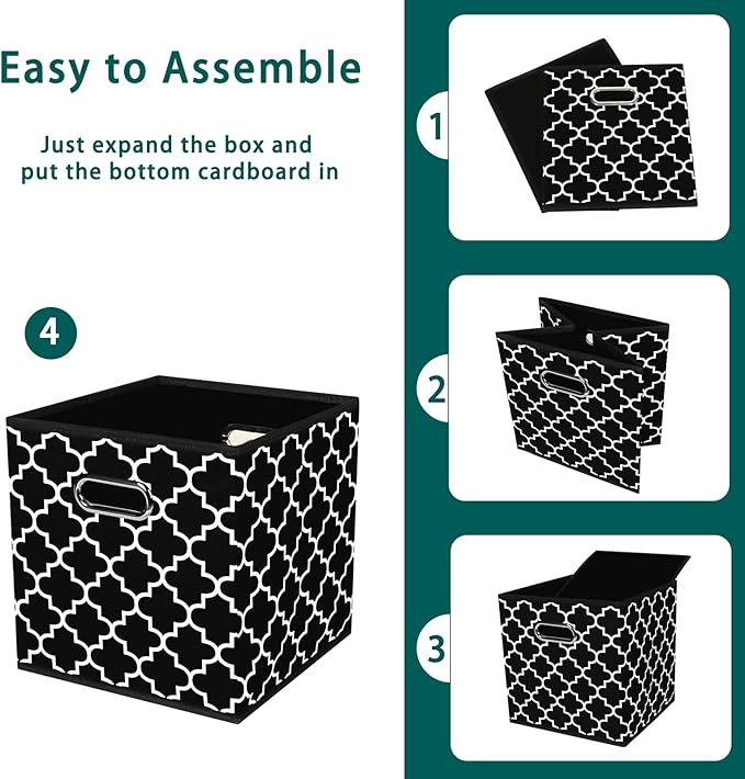 Black Foldable Storage Cubes Bins, Fabric Storage Box Cubes Organizer Baskets with Dual Handles for Home Organizer,Set of 3,(Black Light)