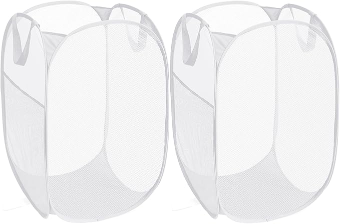 2 Pack Durable Collapsible Laundry Baskets - Reinforced Mesh Pop Up Laundry Hamper with Pocket, Foldable Dirty Clothes Hamper with Carry Handles for Laundry, Bathroom, Kids Room, Dorm or Travel White