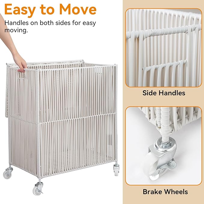 WOWLIVE Laundry Hamper with Wheels, Handwoven Rolling Laundry Basket with Lid, Clothes Hamper with Divided Removable Liner Bag, 115L Large Laundry Sorter Laundry Room Organization, Creamy White