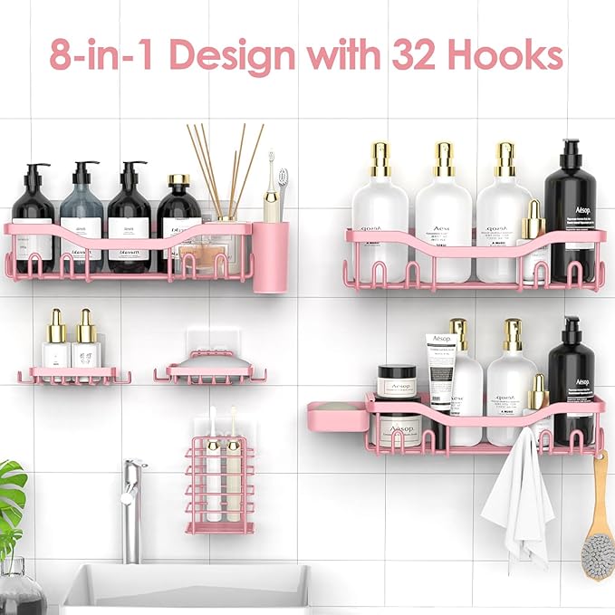 Shower Caddy Adhesive Shower Organizer 8-Pack, Rustproof Stainless Steel Bathroom Shelves, Large Capacity No-Drill Rack Storage Accessories with Soap Dish Toothbrush Holder Hooks