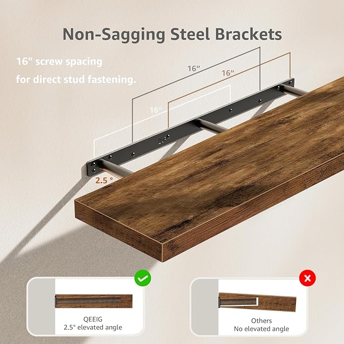 QEEIG Floating Shelves for Wall 35.4" Long - Wall Mounted Shelf Bathroom Kitchen Living Room Bedroom Farmhouse Home Decor Display Bookshelf Large 35.4 x 9.3 inch Set of 2, Rustic Brown (008-90BN)