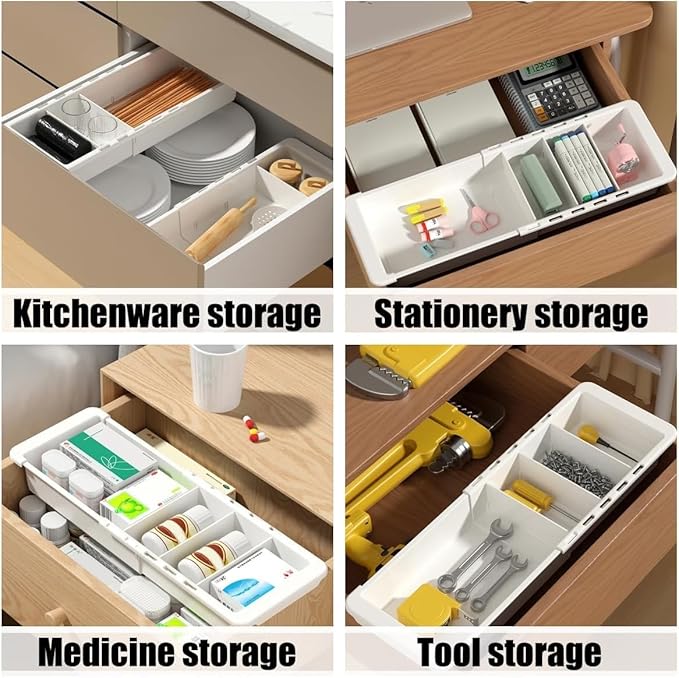 EooUooIP Sliding Drawer Tray with Adjustable Dividers, Expandable Kitchen Storage Organizer, Sliding Drawer Bin, Expandable Drawer Organizer, 2 PCS Drawer Organizer Trays For Utensils, Flatware, Junks
