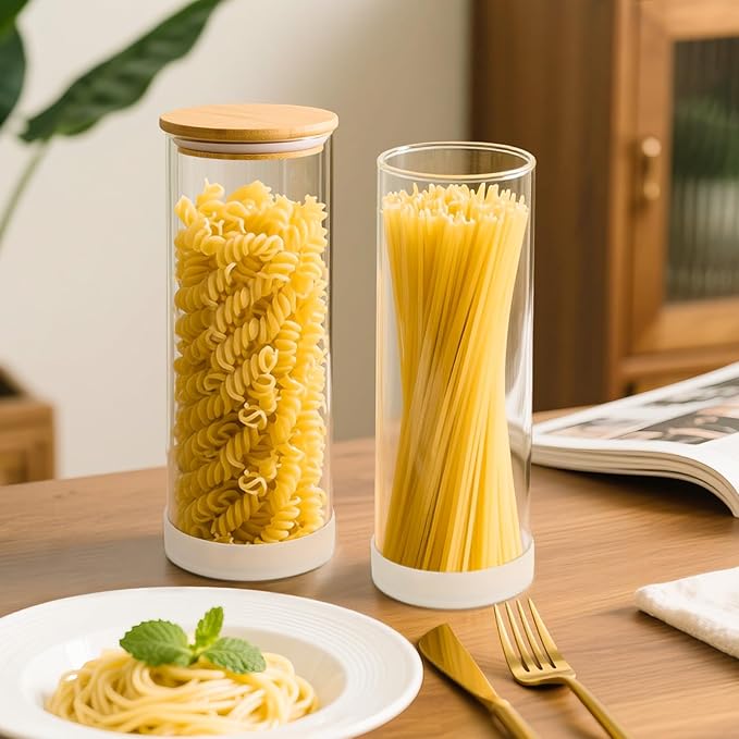 73oz Glass Spaghetti Pasta Containers for Pantry Organization, 3-Pack Large Airtight Food Jars with Bamboo Lids and Non-Slip Silicone Bases, Clear Storage Canisters for Flour, Cereal, Rice