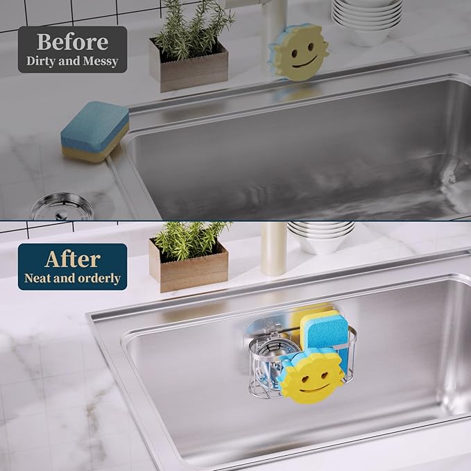 Consumest Sponge Holder Smiley Face - Kitchen Sink Caddy, Sink Organizer with Removable Suction Cups & Adhesive Strips, Suit for Sponge, Soap, Silver