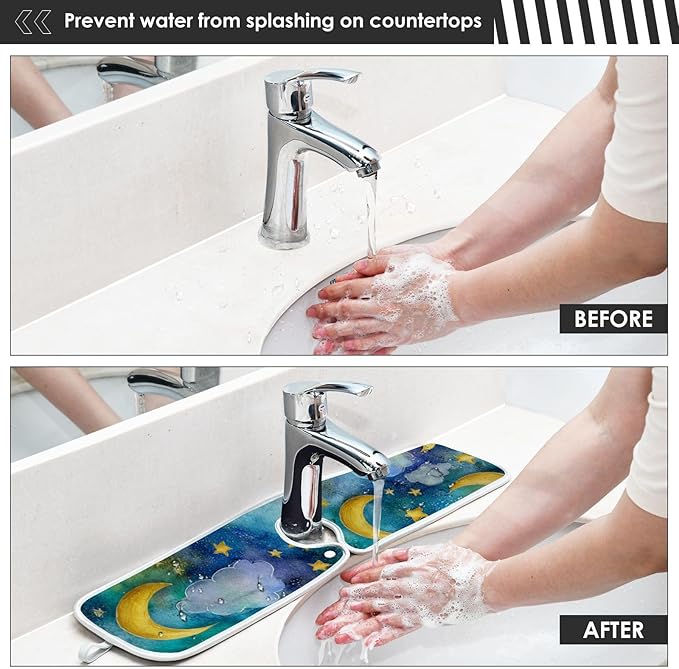 Sink Faucet Absorbing Mat Kitchen Sink Splash Guard Splash Faucet Drip Catcher for Bar RV Bathroom 2PCS 23.6x5.5in Watercolor Moon Star Green