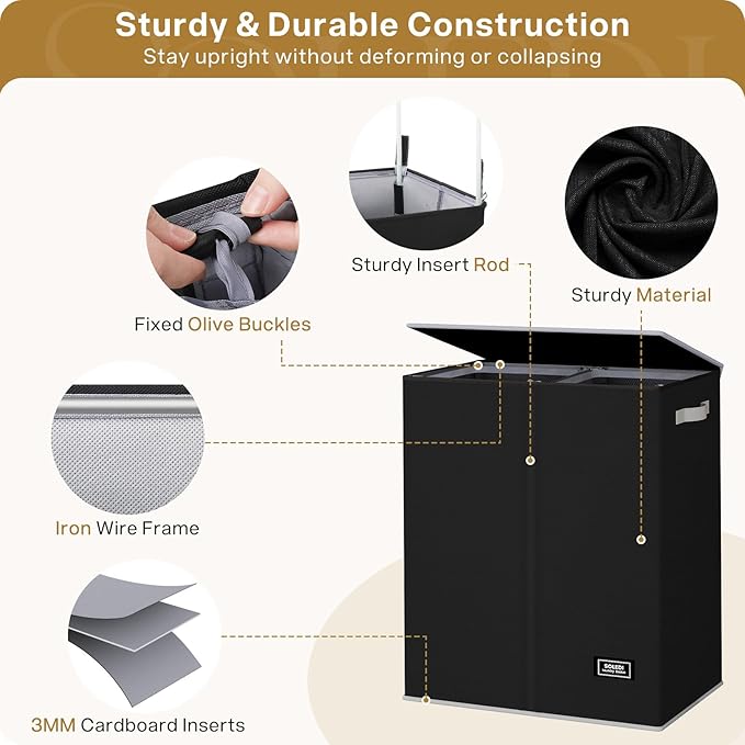 SOLEDI Double Laundry Hamper with Lid and Removable Laundry Bags - Large Dirty Clothes Hamper 2 Section - Collapsible Laundry Baskets for Bedroom, Bathroom, Laundry room, Apartment, Black