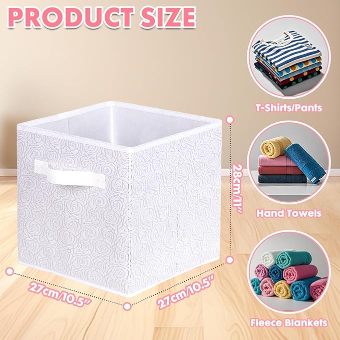 ShellKingdom Storage Bins, Foldable Fabric Storage Cubes with 3D Embossed Rose Pattern, Cloth Organizer Drawer For Closet And Toys, 10.5 X 10.5 X 11 inch, 2 Pack (White)