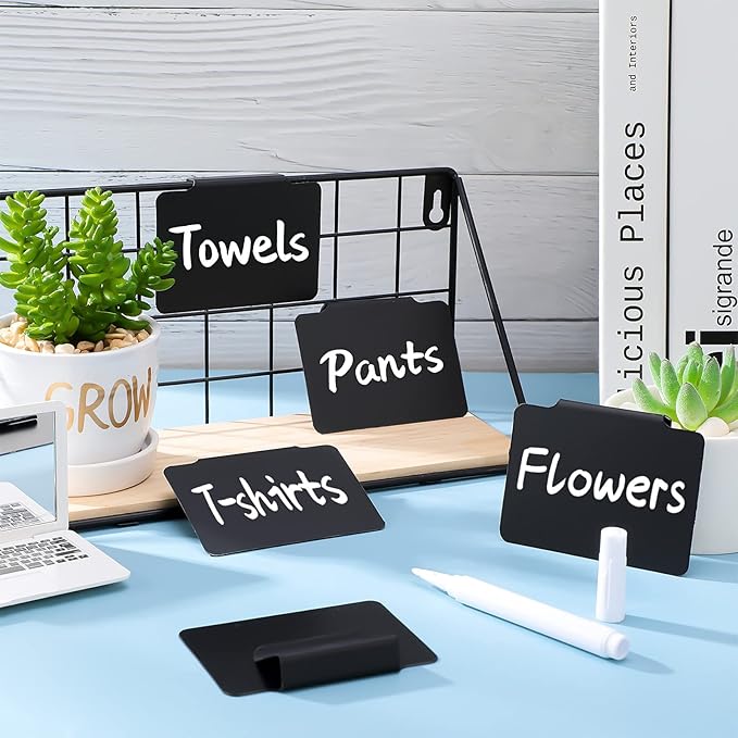 9 Pcs Plastic Basket Bin Label Clip on Removable Basket Label Clip with White Chalk Markers for Kitchen Pantry Storage Fabric Box Hanging Bin