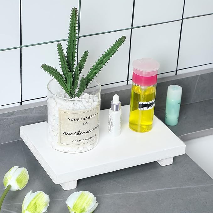 Nuogo Wood Riser Tray Soap, Stand Soap Tray for Kitchen Sink, Wood Pedestal for Kitchen Counter Sink Stand Decorative Rustic Bathroom Dishes Plant Bottles Candles Display(12 x 7 Inch,White)