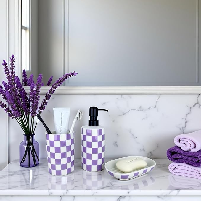 Bathroom Toothbrush Holder Set, Ceramic Soap Dispenser and Tooth Brush Holder& Soap Dish Set 3Pcs, Bathroom Accessories Sets Countertop, Purple Lavender Checkered Bathroom Decor