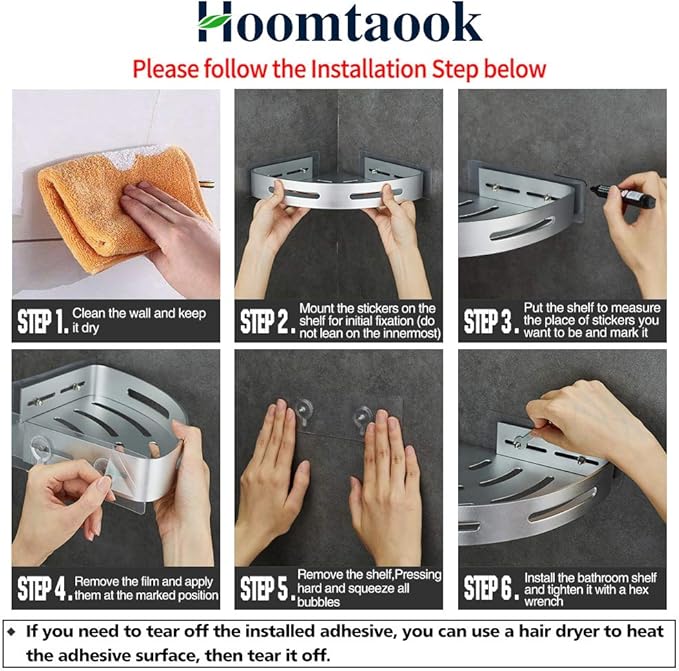 Hoomtaook Corner Caddy Bathroom Shower Shelf Wall Mounted No Drilling 2 Tier Storage Shelves Adhesive Triangle Baskets Silver Bathroom Kitchen Storage Basket