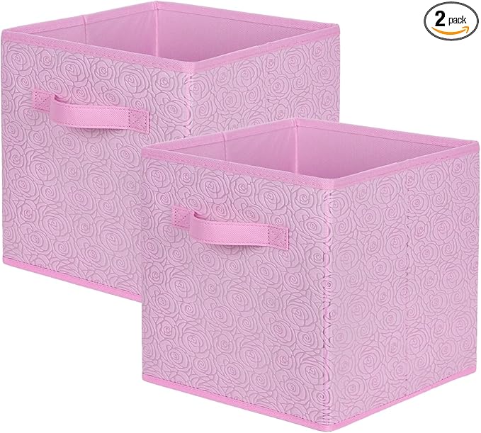 ShellKingdom Storage Bins, Foldable Fabric Storage Cubes with 3D Embossed Rose Pattern, Cloth Organizer Drawer For Closet And Toys, 10.5 X 10.5 X 11 inch, 2 Pack (Pink)