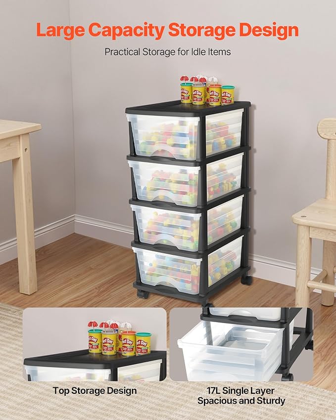 VEVOR Plastic Storage Drawers Cart, 4 Drawers Storage Organizer with Wheels, Rolling Closet Organization and Storage Dividers, Dresser Organizer Clear Bins for Office Supplies, Craft Rooms, Classrooms