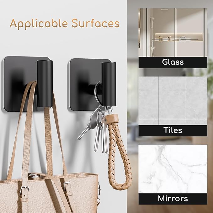 4 Pack Large Heavy Duty Wall Hooks - 26lb Max, Stainless Steel Adhesive Towel Hook, Shower Hooks for Hanging Towel, Coat, Robe, Wall Hook for Use in Bathroom, Kitchen and Door, Matte Black