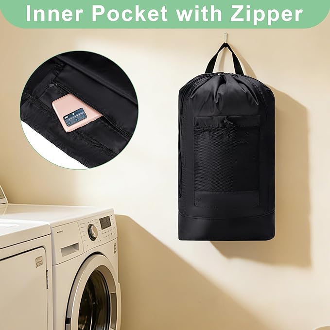 Backpack Laundry Bag,Large Travel Laundry Bags with Shoulder Straps and Mesh Pockets,Laundry Backpack with Drawstring Closure for College,Trave,Dorm, Apartment,Laundromat (Black)