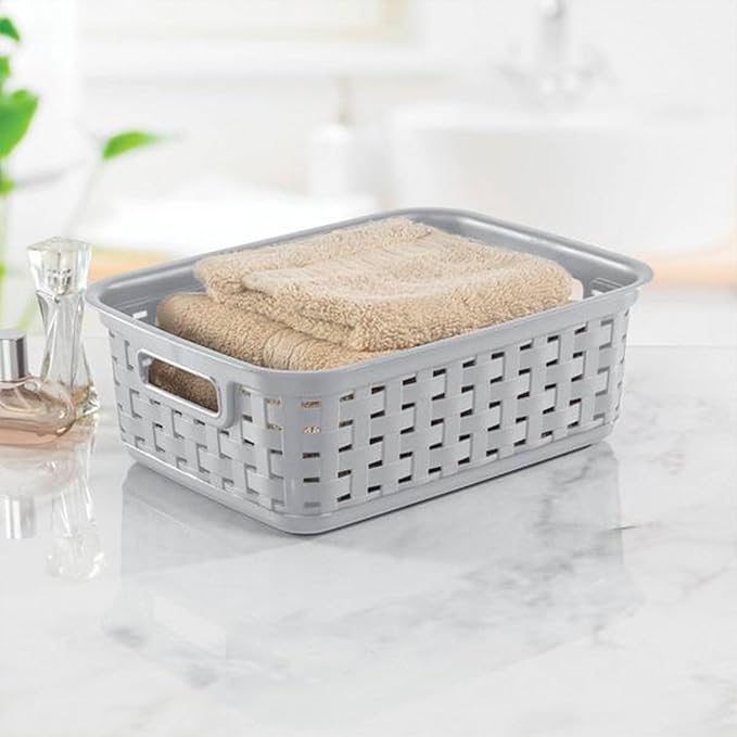 Sterilite 11 Inch Small Weave Open Bin Wicker Storage Basket Home Organizer Tote for Countertops, Bookshelves, and Closets, Cement, 24-Pack