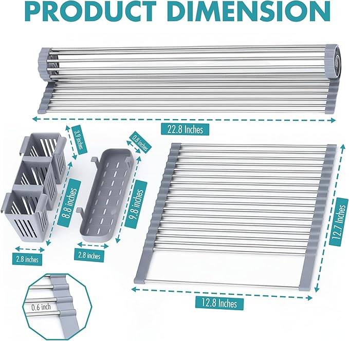 HAVENITY™ Expandable Roll Up Dish Drying Rack - Adjustable Up to 22.75" with 2 FREE Attachments & 2 Removable Baskets, 304 Stainless Steel Over The Sink dish Drying Rack Cover Kitchen Sink Accessories