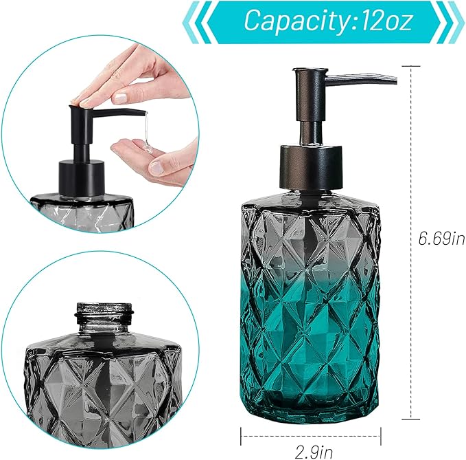 Glass Soap Dispenser with Plastic Pump, 330ml/11oz. Liquid Hand Soap Dispenser for Bathroom and Kitchen, Hand-Pump Dispenser for Dishwashing Liquid, Lotion, Soap, Shower Gel, Essential Oil (Black)