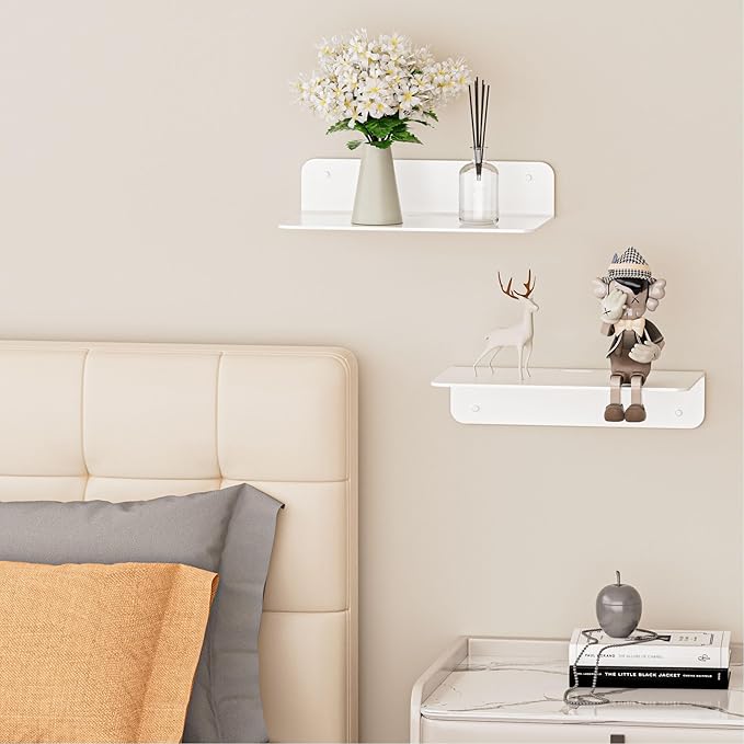 Wisfame Small Floating Shelves, 9" Adhesive Wall Shelf with Cable Hole, No Drilling, Metal Display Ledges for Living Room, Bedroom, Bathroom (White, 2 Pack)