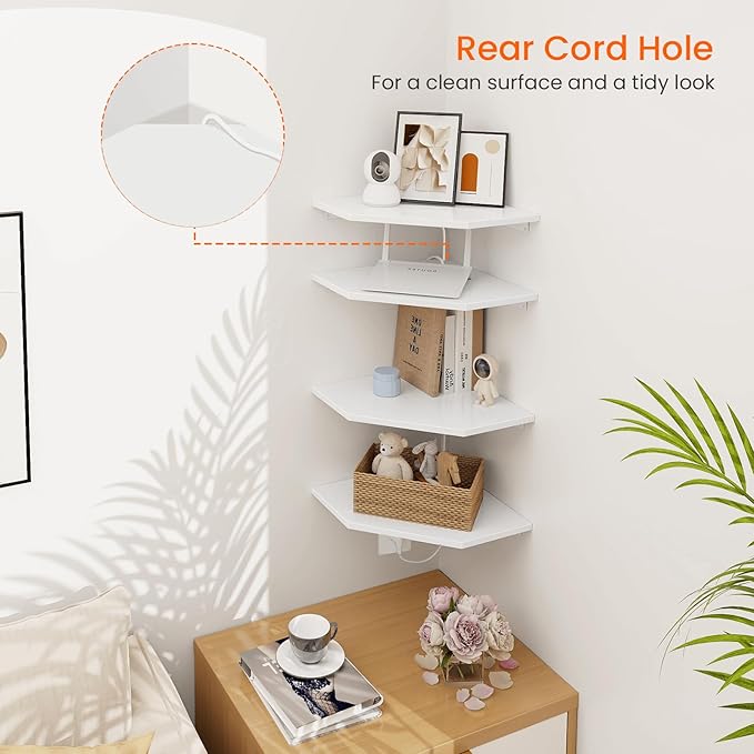 Homode Corner Wall Shelf, Corner Shelf Floating, Set of 4 Wooden Hanging Corner Shelves with Wire Hole for Bathroom Living Room Office, White